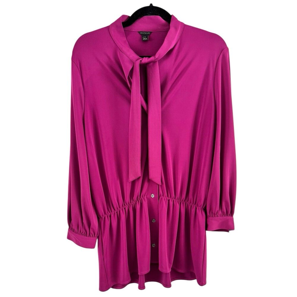 Ann Taylor Fuchsia Purple Stretchy Secretaries Bow Button Front Blouse Sz Medium